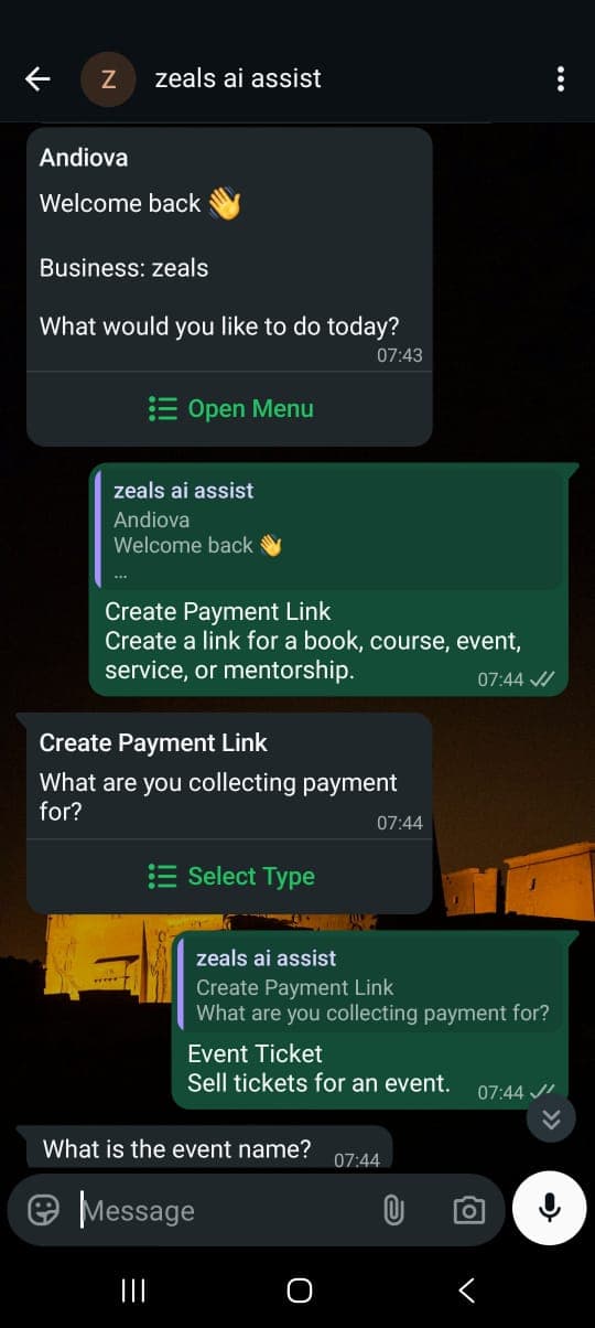 WhatsApp chat showing payment link creation