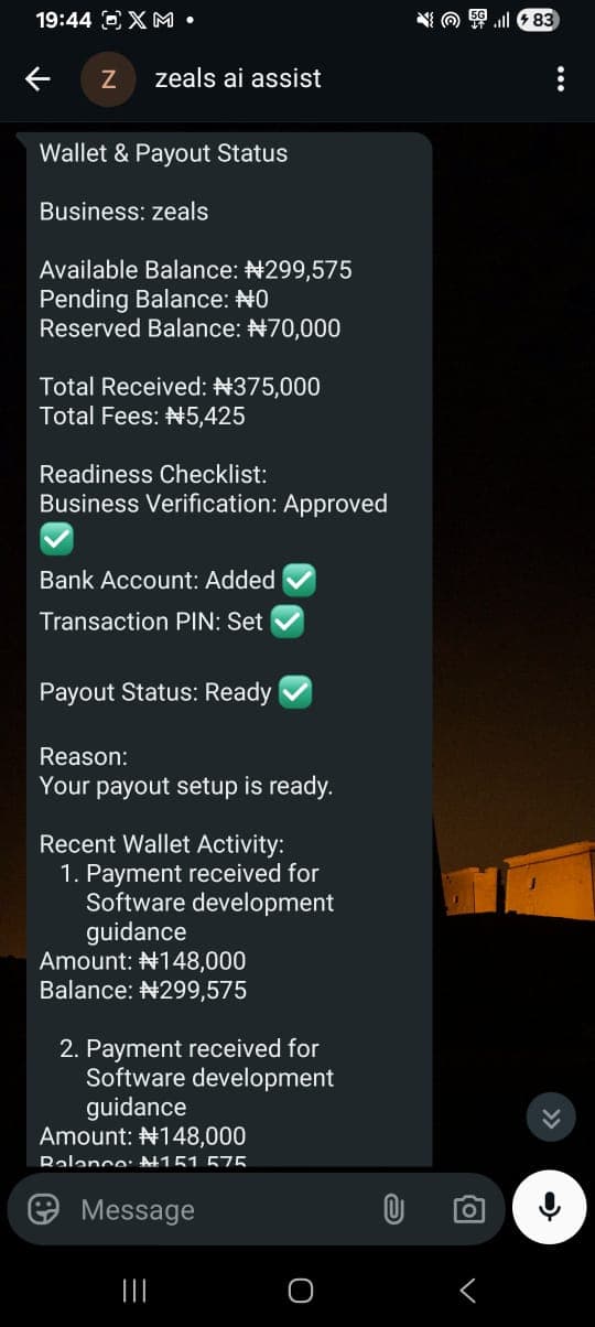 WhatsApp chat showing wallet and payout status
