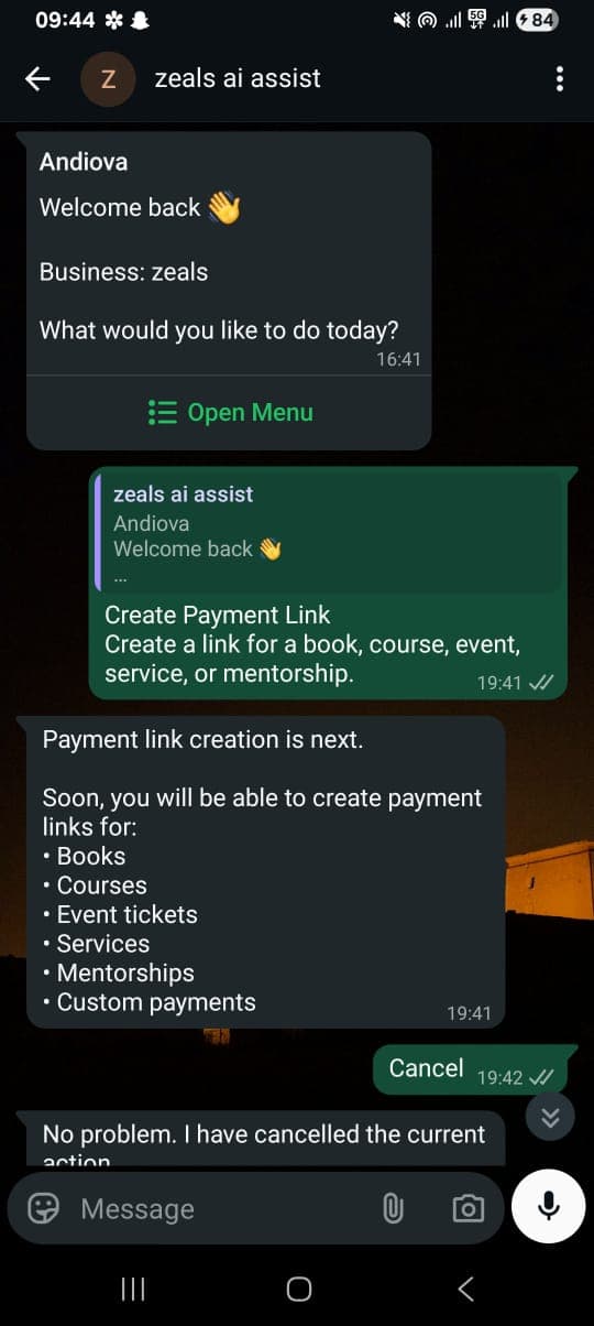 WhatsApp payment link creation flow